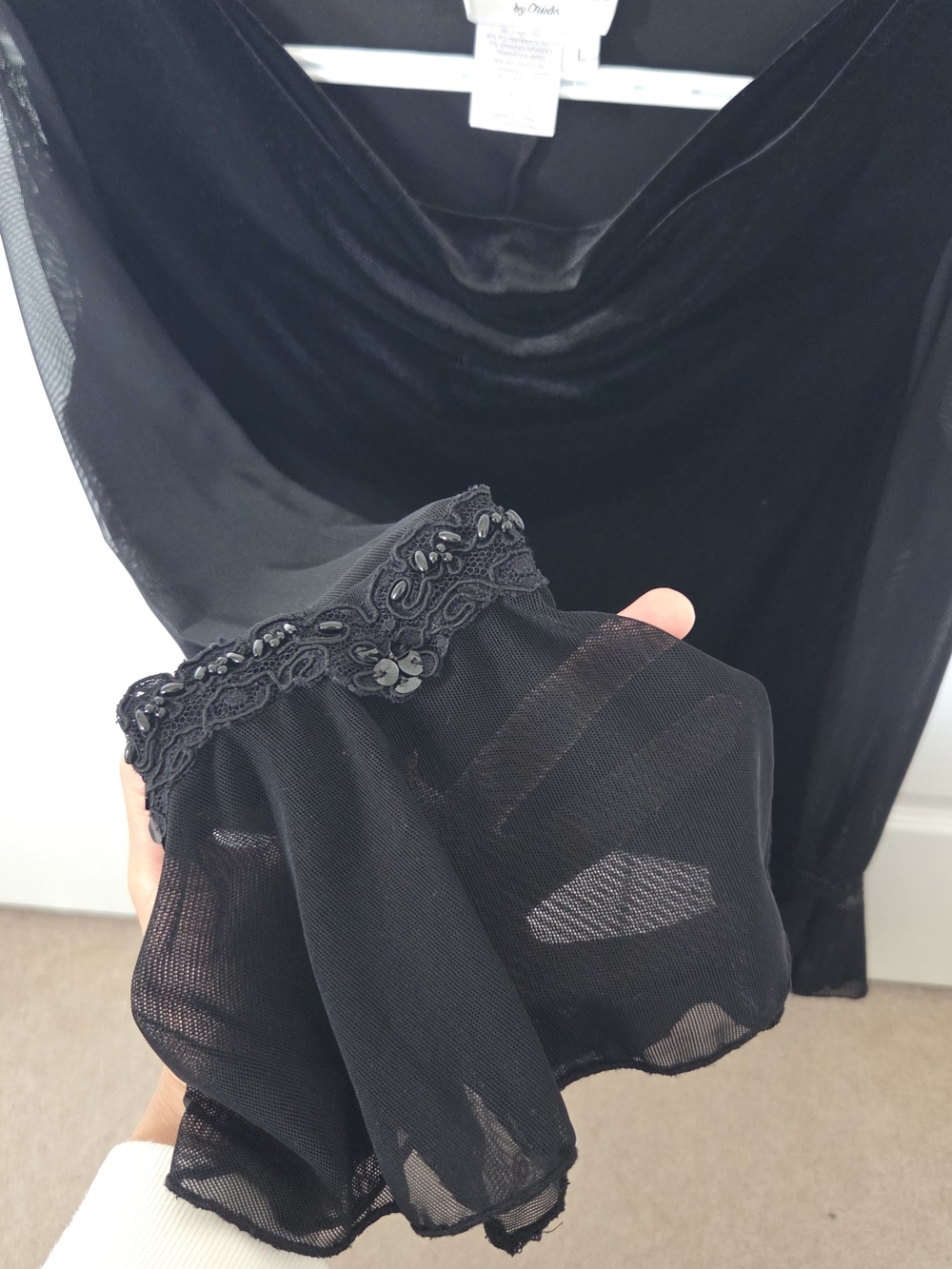 Ronni Nicole Vintage Black Velvet Cowl Neck Blouse with Sheer Bell Sleeves - Picture 3 of 4